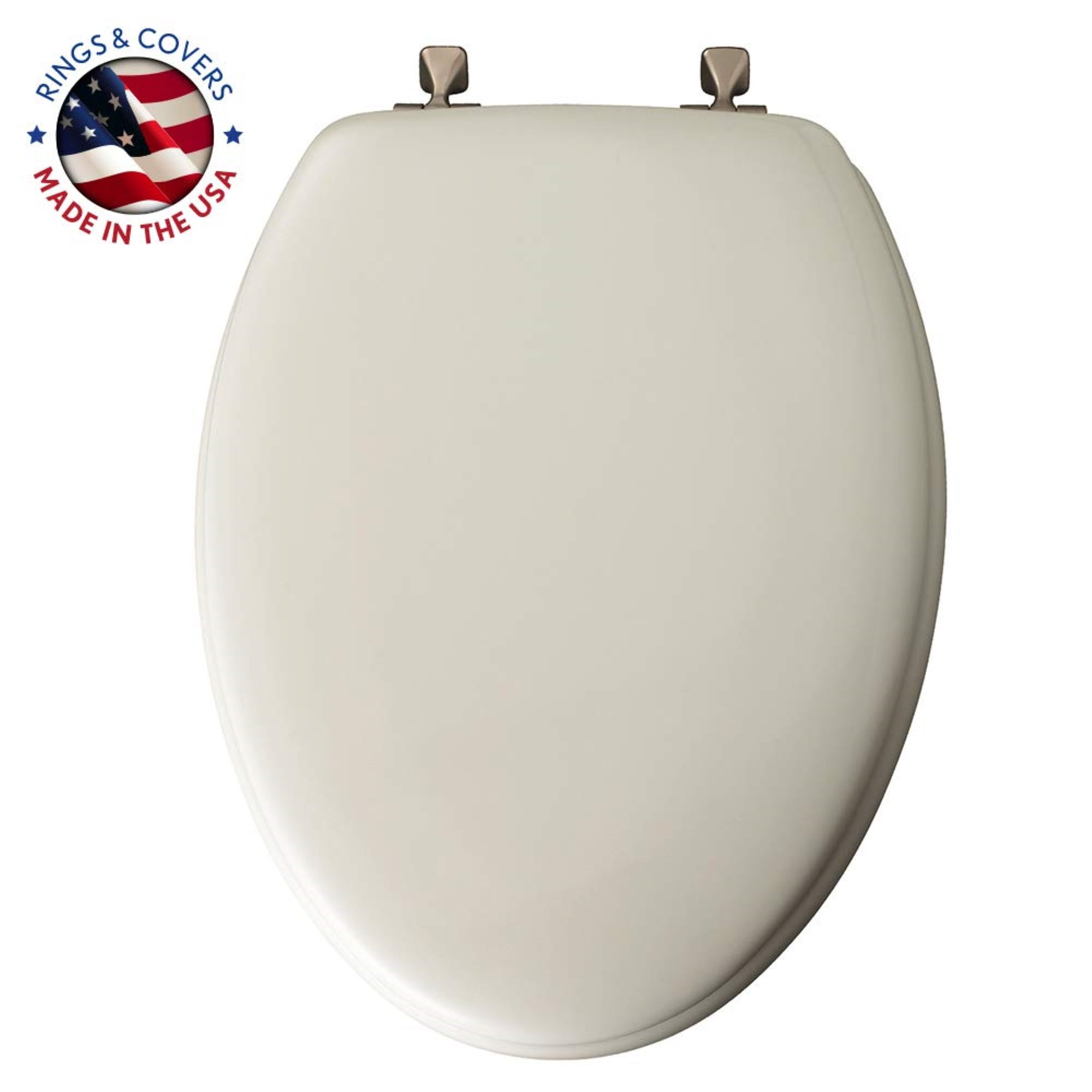 Mayfair Edgewater Elongated Enameled Wood Toilet Seat in White Never Loosens with Brushed Nickel Hinge
