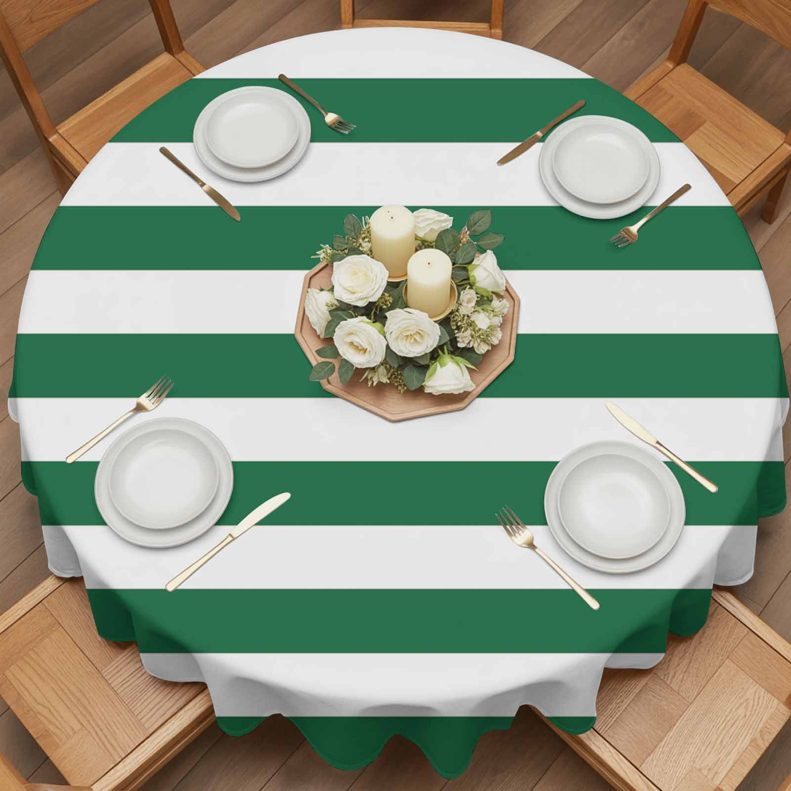 Round Tablecloth Green White Striped Waterproof Oil Proof Polyester Table Cloth Cover Decor for Home Dining Outdoor,Patio,Parties, 54" Dia. Minimalist Christmas