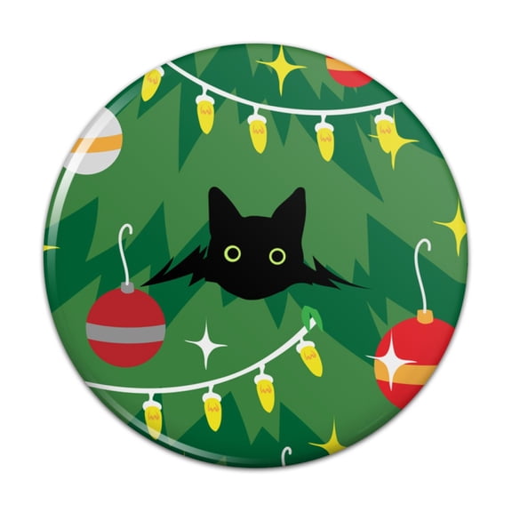 Black Cat Hiding in Christmas Tree Pinback Button Pin