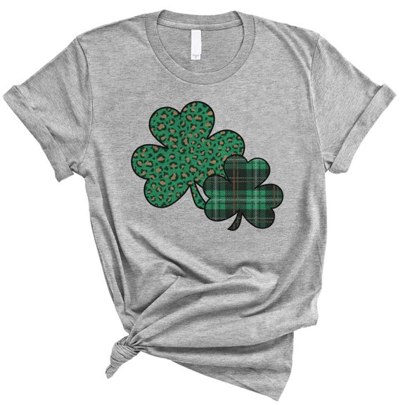 TeesAndTankYou Leopard and Plaid Shamrocks St. Patrick's Day Shirt Unisex Small Grey