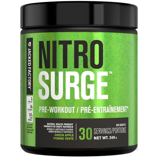 NITROSURGE Pre Workout Supplement - Endless Energy, Instant Strength Gains, Clear Focus, Intense Pumps - Nitric Oxide Booster & Preworkout Powder with Beta Alanine - 30 Servings, Green Apple