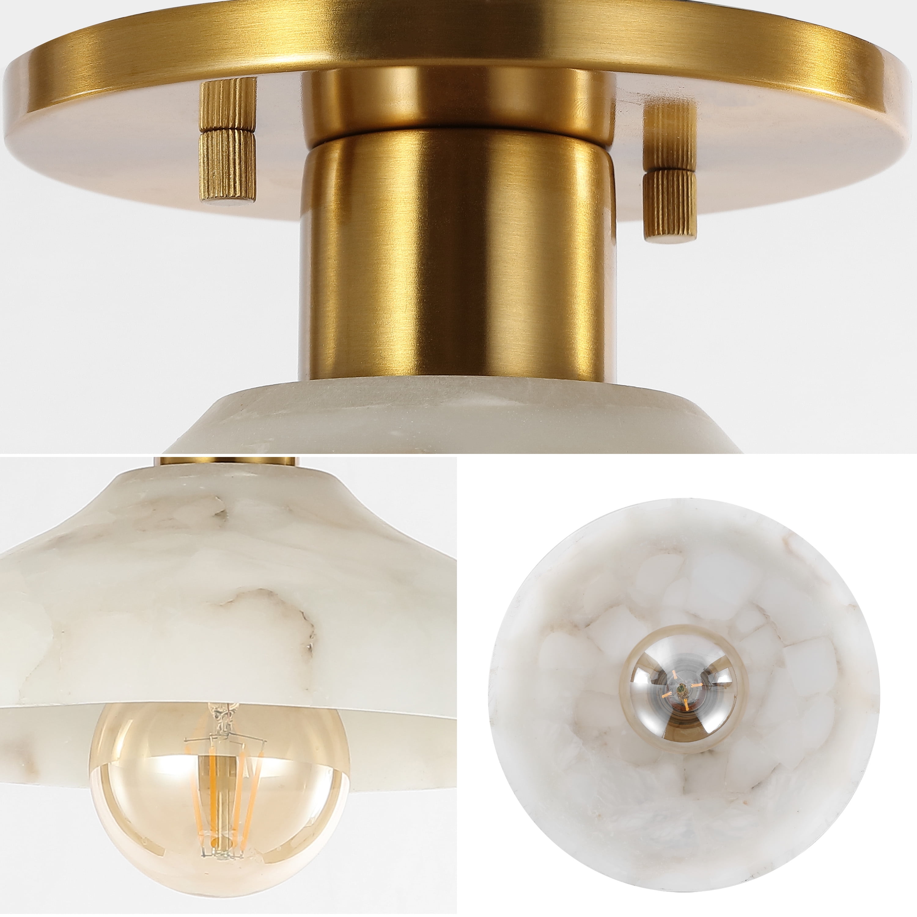 JONATHAN Y Amara 10" 1-Light Mid-Century Classic Alabaster/Iron LED Semi Flush Mount, White/Brass Gold