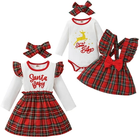 

0-4T Baby Toddler Girls Sister Matching Christmas Outfits Big Sister Plaid Dress + Headband Set