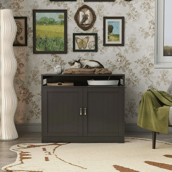 Litter Box Enclosure, Cat Litter Box Furniture with Hidden Plug, 2 Doors,Indoor Cat Washroom Storage Bench Side Table Cat House, Large Wooden Enclused Litter Box House, Esspresso