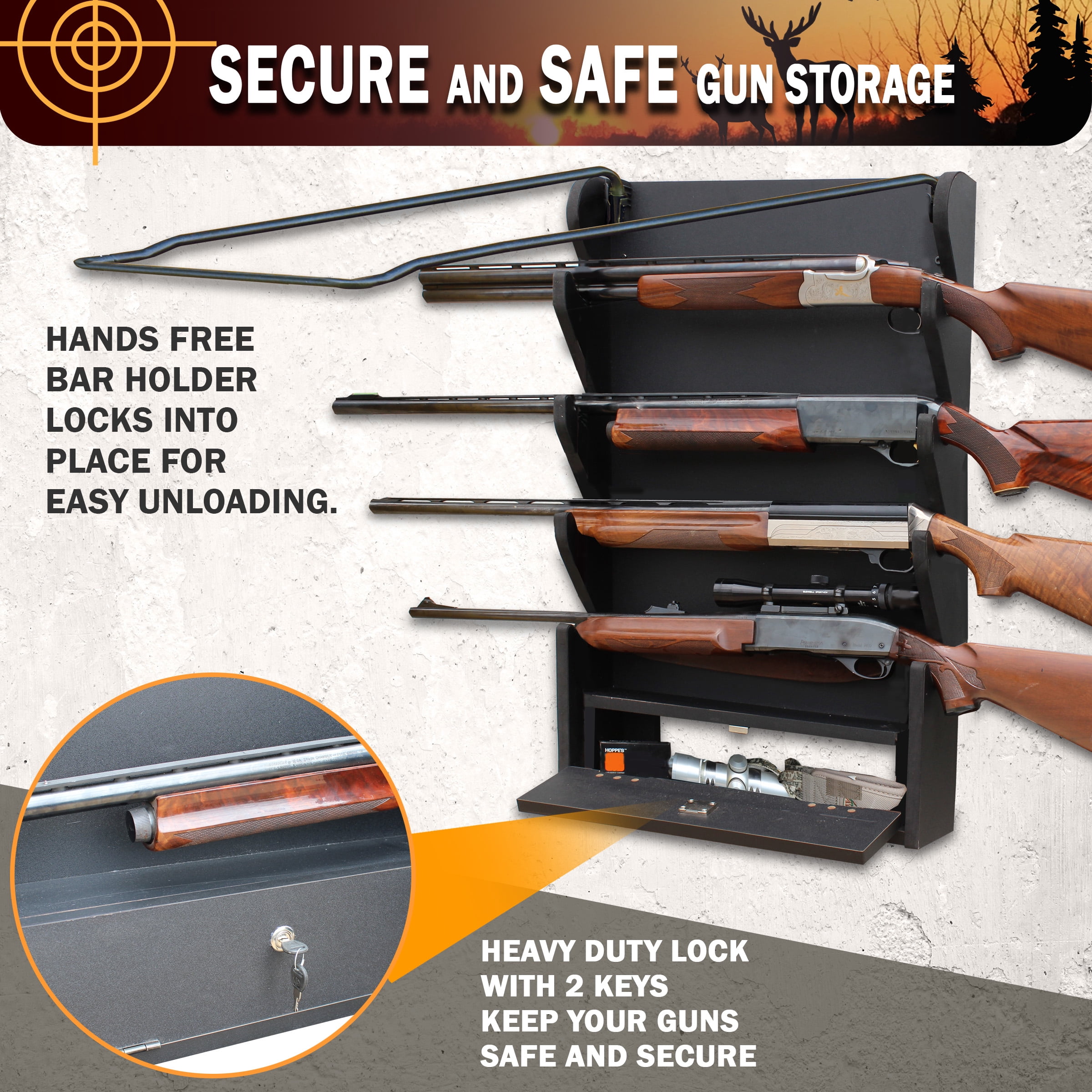 Rush Creek Creations 4 Gun Rack Wall Mount with Storage Compartment and Locking Bar