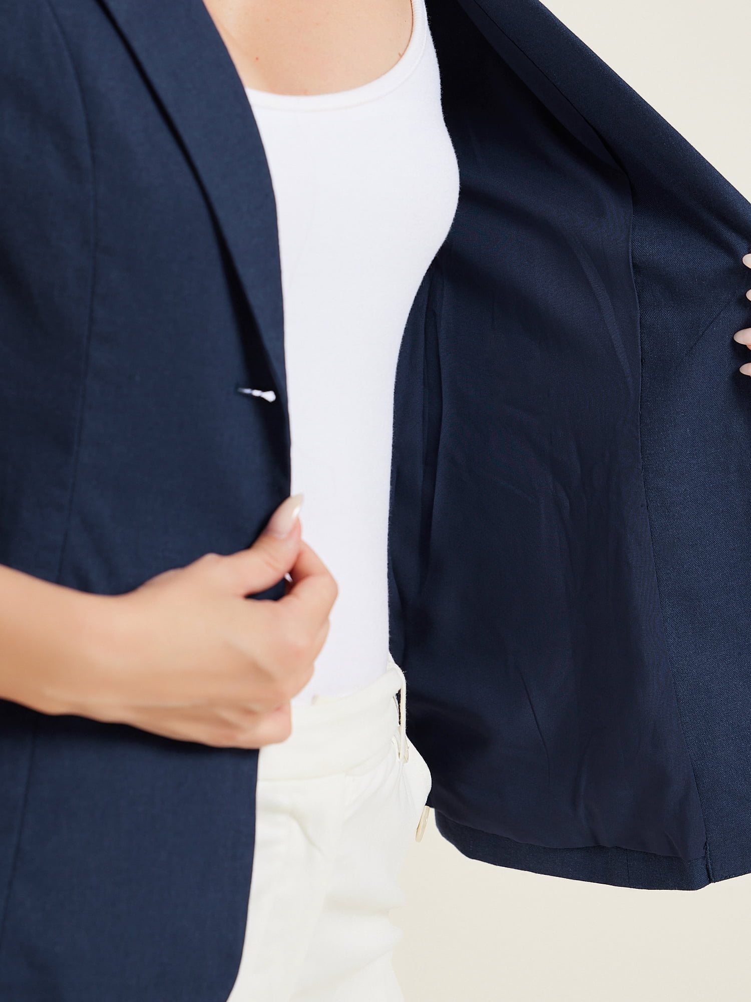 DARING DIVA Women's Cotton Linen Short Sleeve Blazer for Work Office S Dark Blue