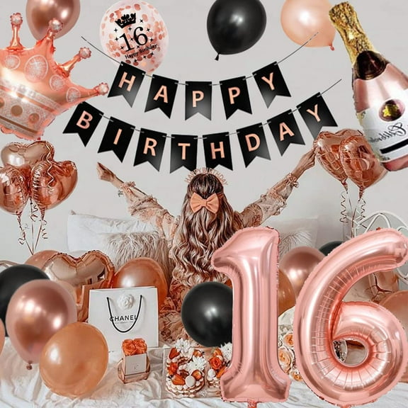 SPECOOL 16th Birthday Decorations Rose Gold Black for Women Girls, 16th Happy Birthday Banner, Rose Gold Crown Foil Balloons, Rose Gold 16 Digital Balloon, Rose Gold Black Latex Balloon Kit for Party