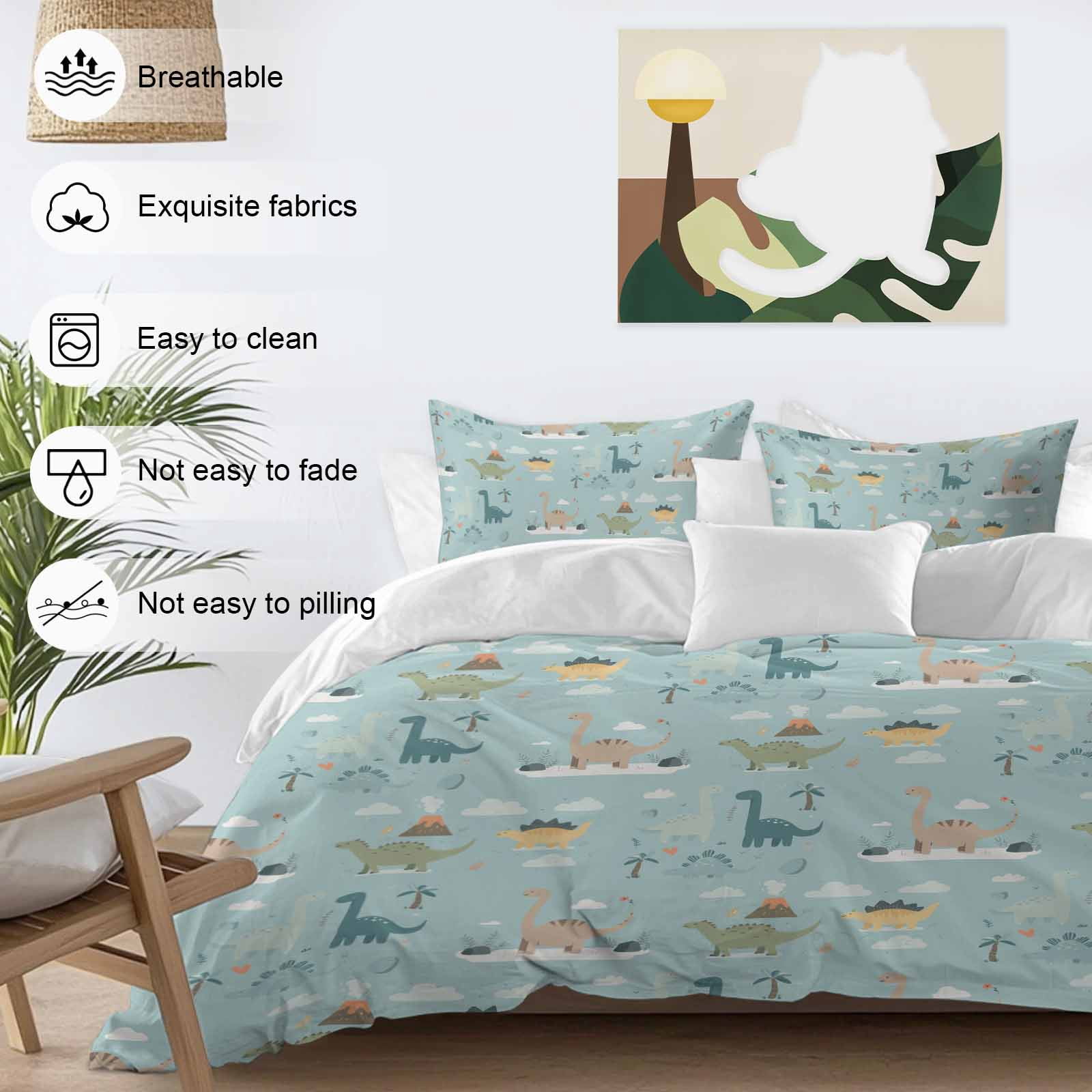 Cartoon Animals Bedding 3 Piece Duvet Cover Set Full Size, Funny Dinosaur Tropical Plants Blue Green Microfiber Comforter Cover with Zipper Closure & Pillowcases, Wrinkle & FadeResistant Quilt Cover