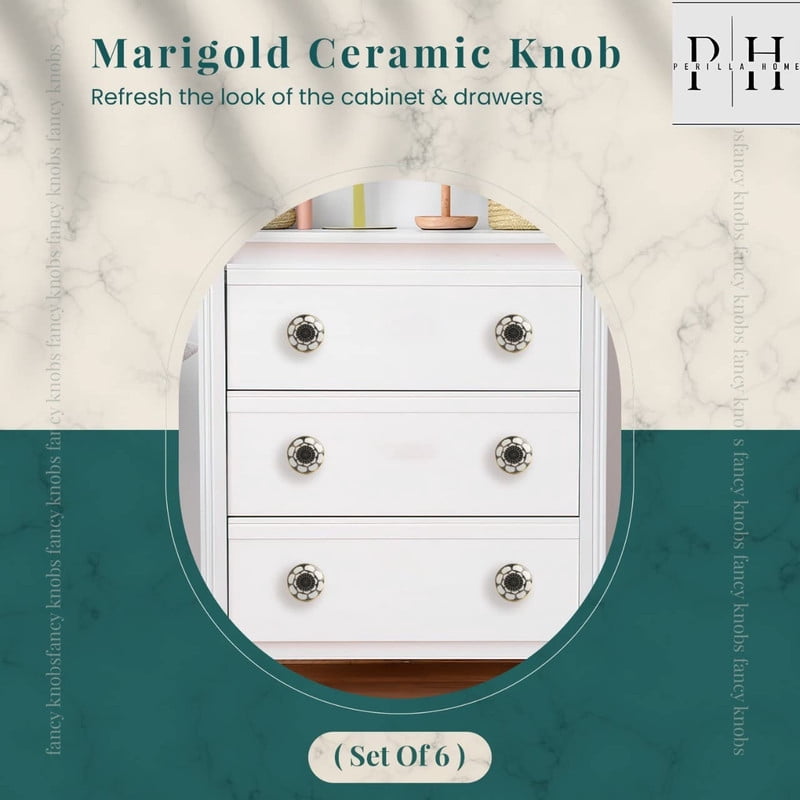 Perilla Home Set of 6 Knob (Ceramic with 24 K Gold) Decorative Knobs for Home Kitchen Cabinet Hardware Cupboard Door Dresser Wardrobe and Drawer Pulls (Marigold Black)