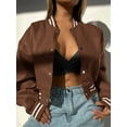 thumbnail image 3 of Women Mock Neck Long Sleeve Button Cropped Leather Jacket Casual Biker Moto Jacket Fall Outerwear Dark Brown XXL, 3 of 5