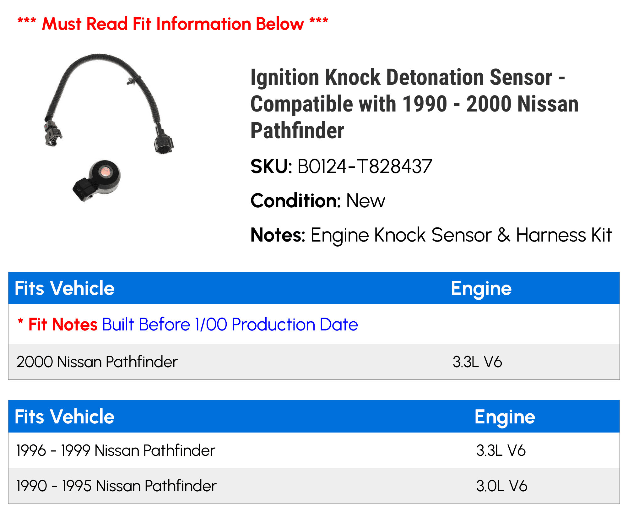 Ignition Knock Detonation Sensor - Compatible with 1990 - 2000 Nissan Pathfinder 1991 1992 1993 1994 1995 1996 1997 1998 1999