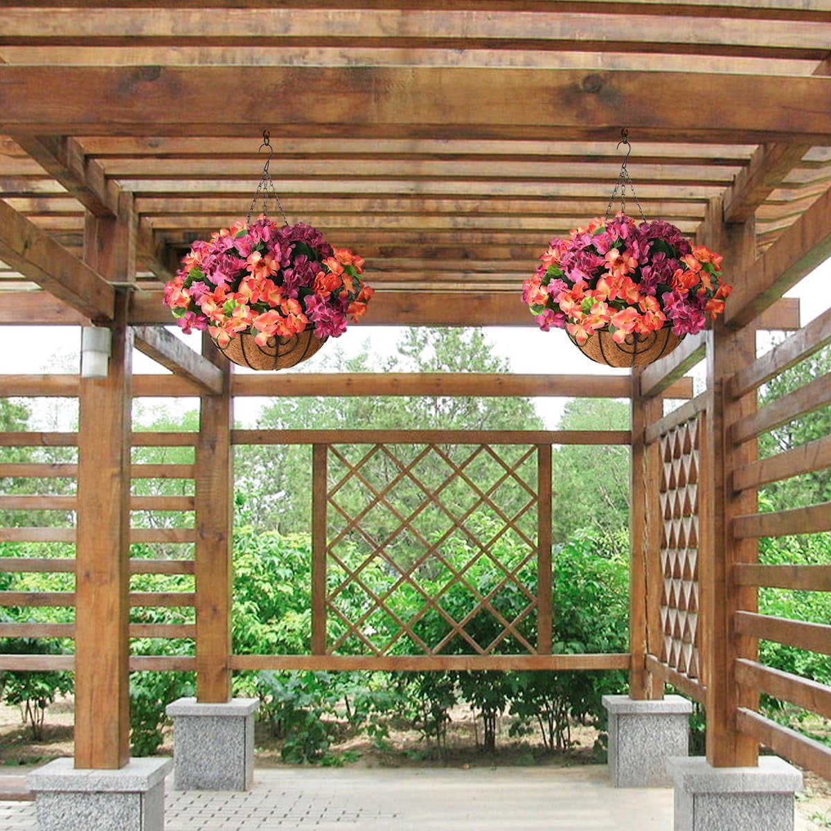 Artificial Flowers Hanging Basket for Outdoor Indoor Decor,Faux Silk Flower Arrangement,10 Branches Geranium with 12 Inch Coconut Lining Chain for Patio Decoration(Purple Orange)