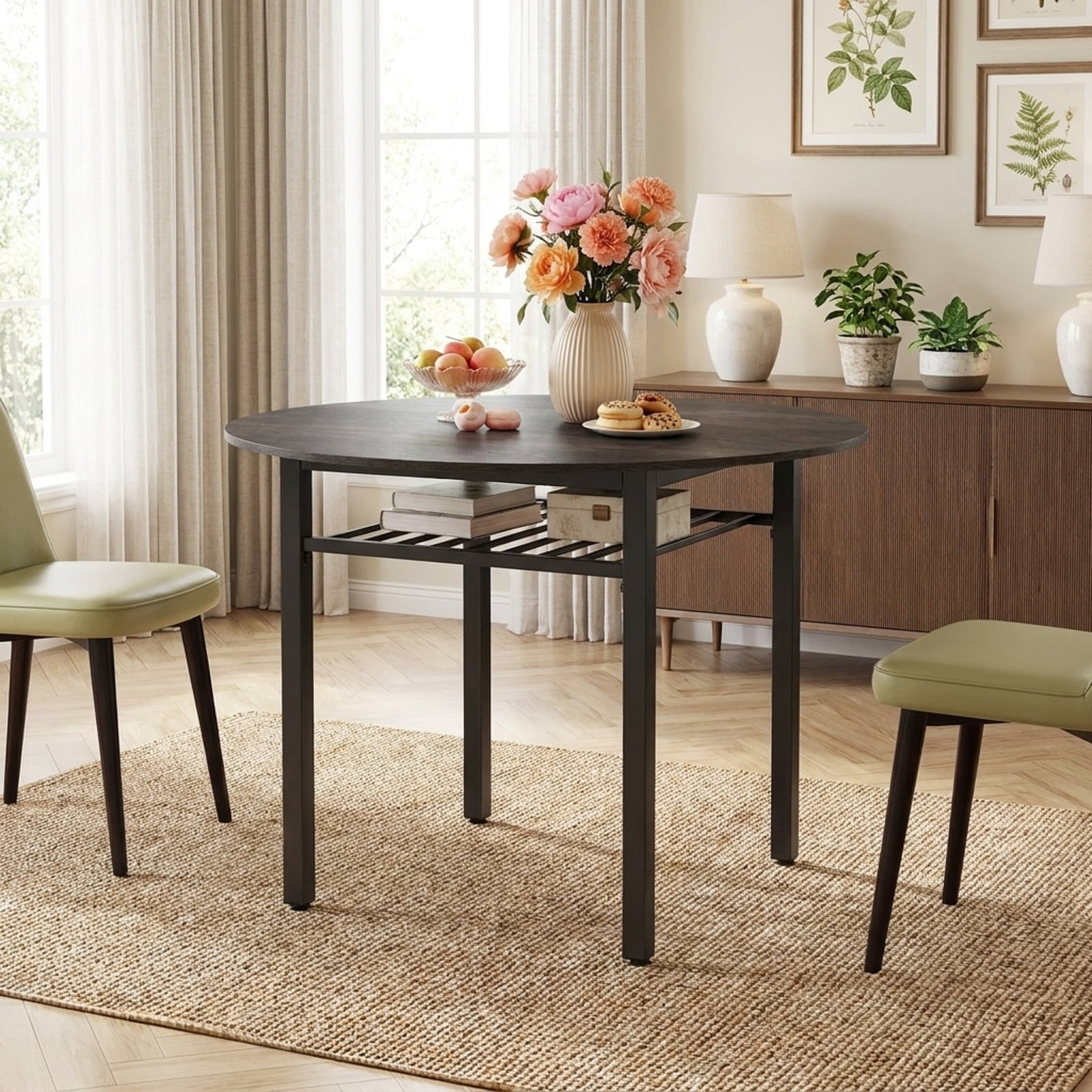 Furnibear 40 Inch Round Kitchen Dining Table with Storage Shelf and Metal Frame