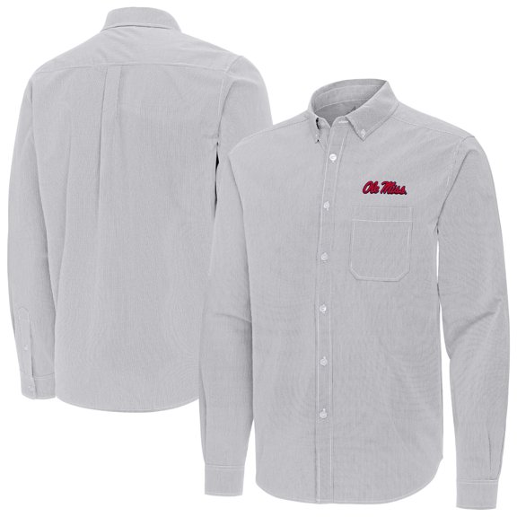 Men's Antigua Gray Ole Miss Rebels Porter Woven Tri-Blend Long Sleeve Button-Down Shirt