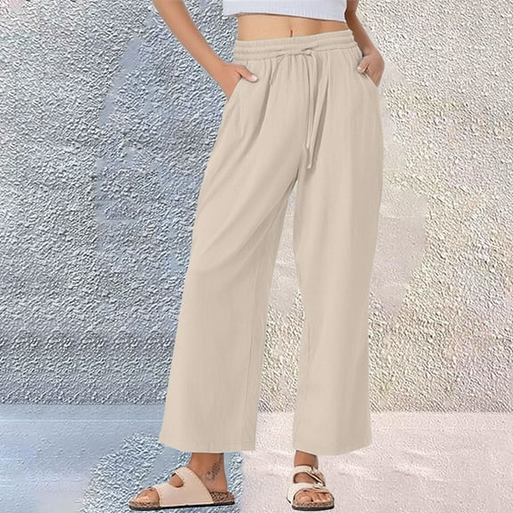 Tittly Palazzo Pants Baggy Pants Women's Pure Cotton And Linen Wide Leg Pants Casual Baggy Elastic Waistband With Pockets Fashionable Pants Women's Pants Lounge Pants Women Beige L