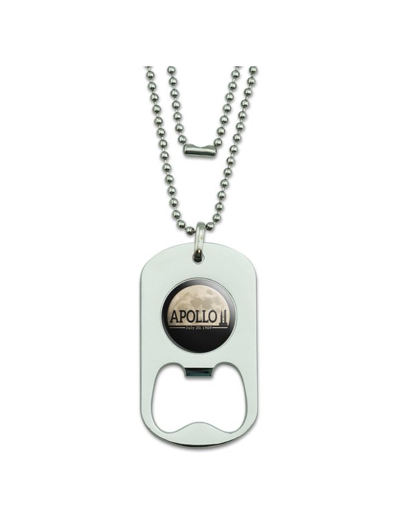 NASA Apollo 11 Moon with Saturn V Rocket and Launchpad Military Dog Tag Bottle Opener Pendant