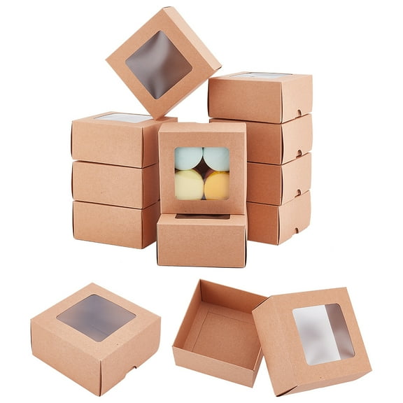 12 Set Folding Kraft Paper Cardboard Jewelry Gift Boxes with PVC Visible Window Square BurlyWood Finished Product: 10x10x5cm
