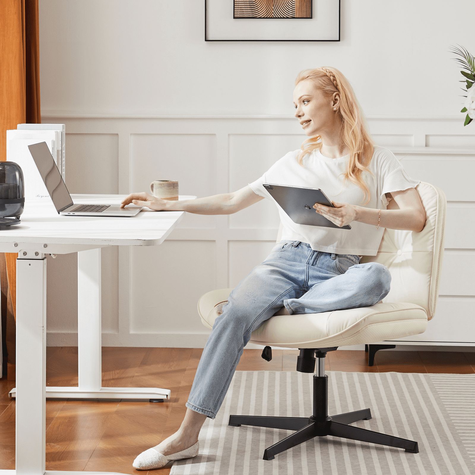MAYEERTY Criss Cross Legged Chair, Armless Office Desk Wide Seat No Wheels, Swivel Height Adjustable Comfy