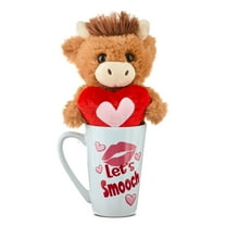 Highland Cow Plush in Let's Smooch Mug, Brown and White, 10", Valentine's Day by Way To Celebrate