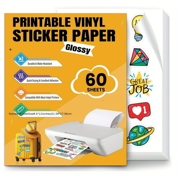 DIYMAG 60 Pcs Printable Vinyl Sticker Paper for Inkjet Printer/Laser Printer, 8.5"x11" Printable Vinyl Sticker Paper  - Waterproof, Dries Quickly Vivid Colors (Glossy White )