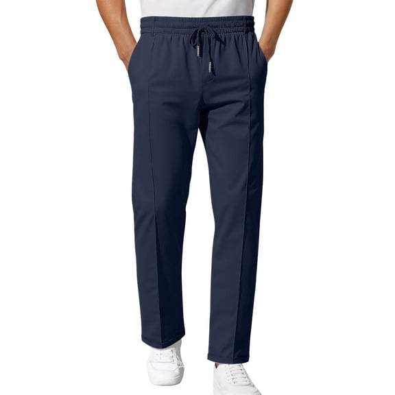 Ecqkame Mens Casual Pants Fashion Versatile Straight Leg Loose Trousers Drawstring Elastic Waist Baggy Pant with Pockets Navy M