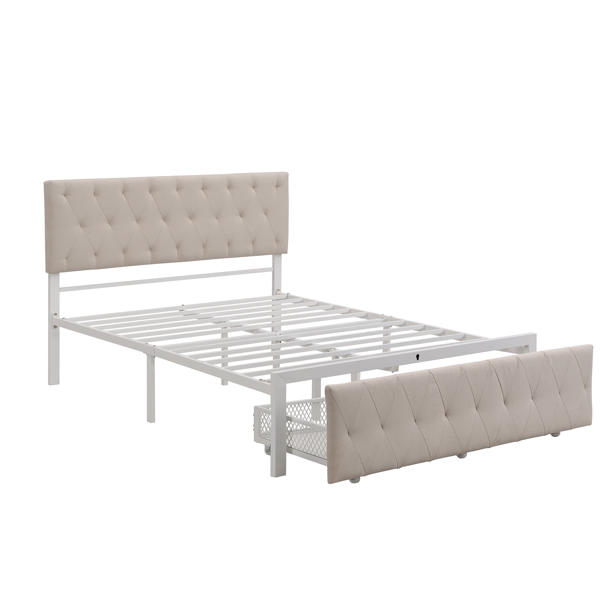 SEVENTH Full Size Modern Linen Platform Bed with Storage Drawer, Beige