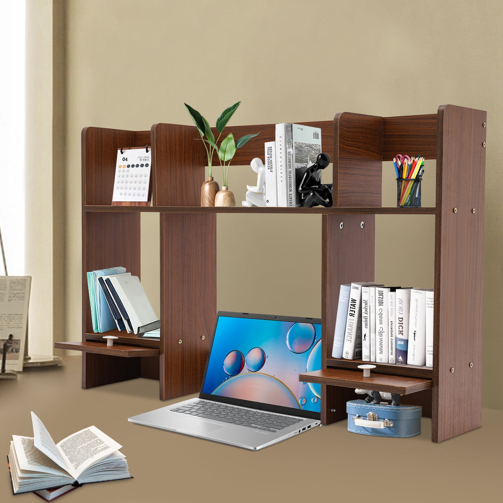 Modern Desktop Storage Organizer Home Office Desktop Bookshelf Holder Computer Rack Desk Organizer for Space Saving (Dark Walnut Color)