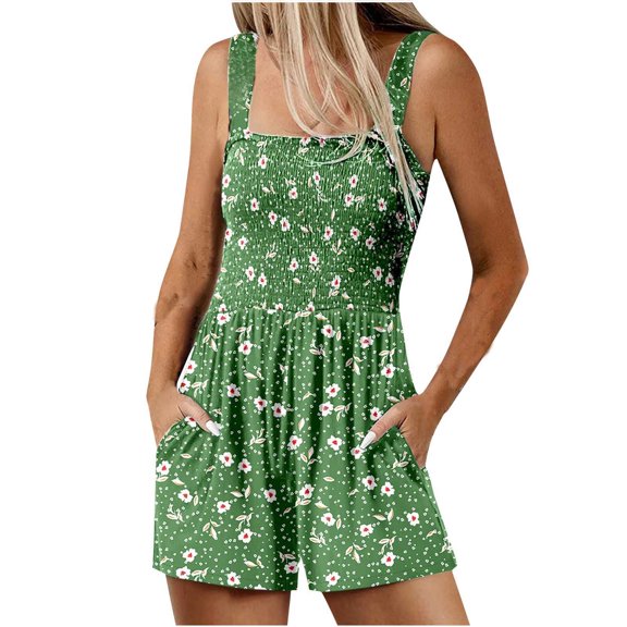 Women's Jumpsuits Summer Casual Smocked Rompers Square Neck Sleeveless Loose Shorts Jumpsuits 2025 Beach Vacation Outfits