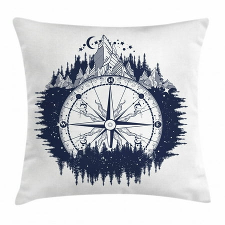 Coconut Pillow Northwoods Throw Pillow Cushion Cover, Antique Compass in the Night Forest Tattoo Art in Boho Style Travel, Decorative Square Accent Pillow Case, 16 X 16 Inches, Dark Blue and Coconut, by Ambesonne ()