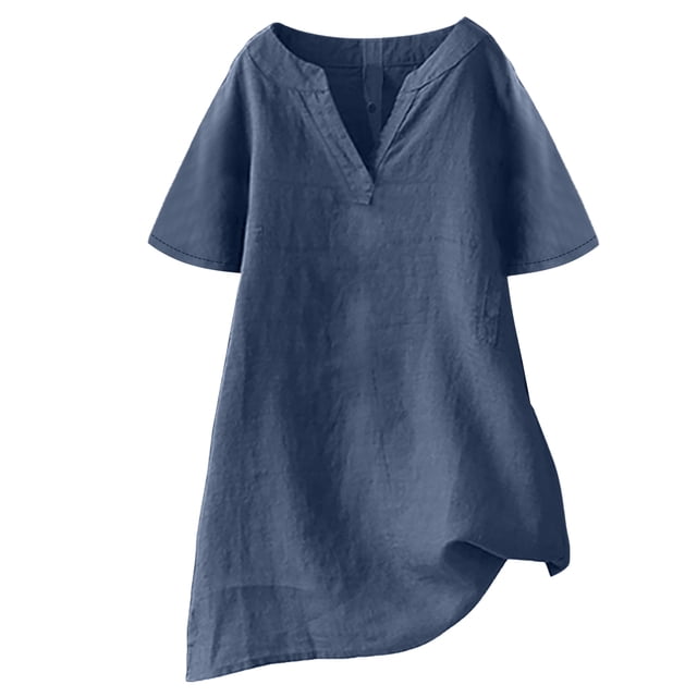 Olyvenn Linen Shirts for Women 2025 Spring Summer Button Down V Neck Short Sleeve Solid Color Tops Beach Fashion Clothes Blue L