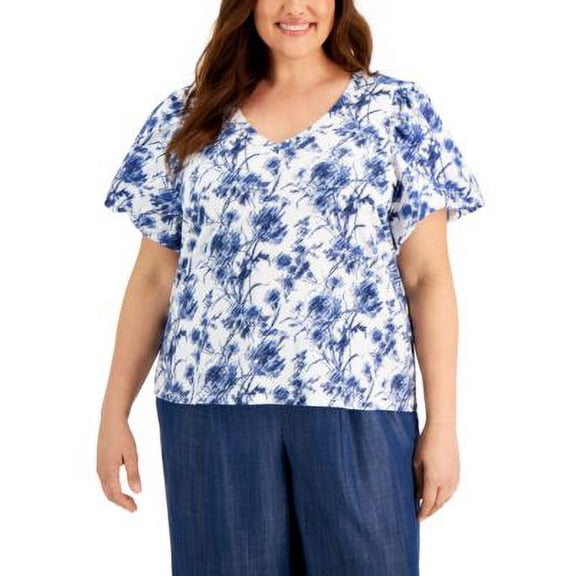 INC International Concepts Plus Size Floral Print Poplin Top Phoebe Blooms 2X