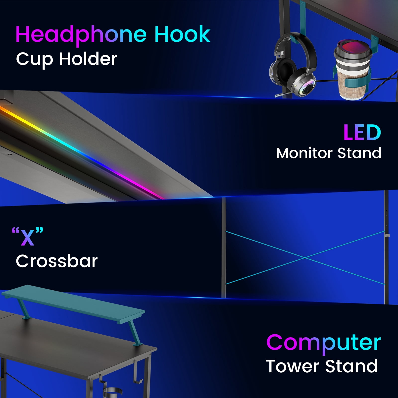 CLOUDREST PRO 42" L-Shaped Gaming Desk, Power Outlets & RGB LEDs, Black