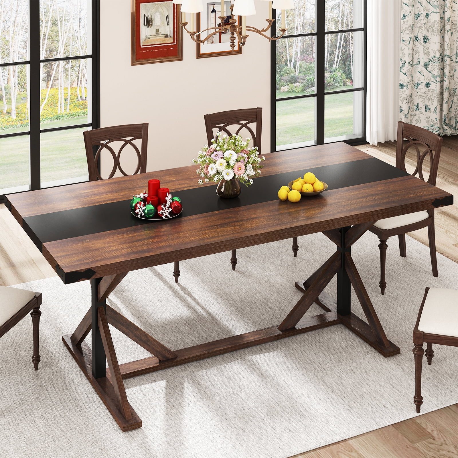 Blotout 71" Modern Farmhouse Dining Table for 6-8 Person, Rectangular Wood Dining Table with Adjustable Feet, Kitchen Table for Dining Room, Gathering, Kitchen (Brown)