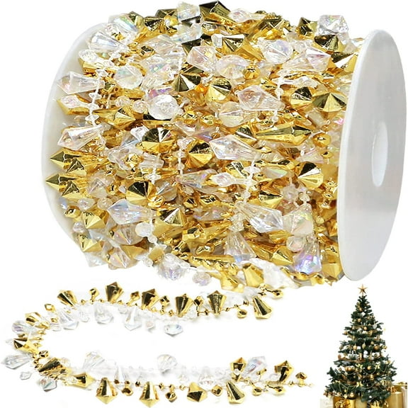 16ft Christmas Garland Christmas Tree Gold Bead Decoration Clear Iridescent & Gold Bead Garland Twist Bead String for Christmas Tree Decorations, Rustic Crystal Garland Ornaments for Home Decor