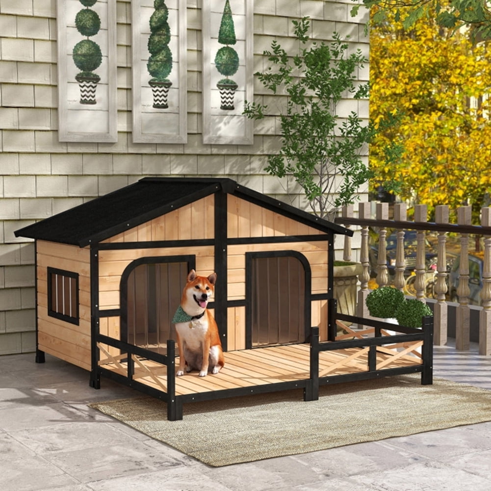 Kadyn Cabin Style Raised Dog Shelter with Roof, Doors, and Window, Wooden Dog House Outdoor with Porch, for Medium Large Sized Dog, Natural