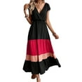 thumbnail image 2 of Women Party Color Block Dress High Waist Short Sleeve Maxi V Neck Dress Casual Ruched Ruffle Hem Dress Style, 2 of 9