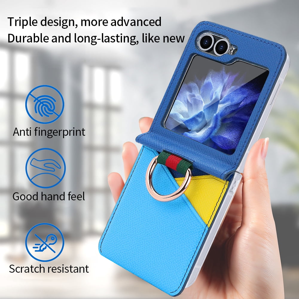 Fashion contrast color leather phone case for Samsung Galaxy Z flip 6 5 4 3 flip6 flip5 ring holder card slot folding cover