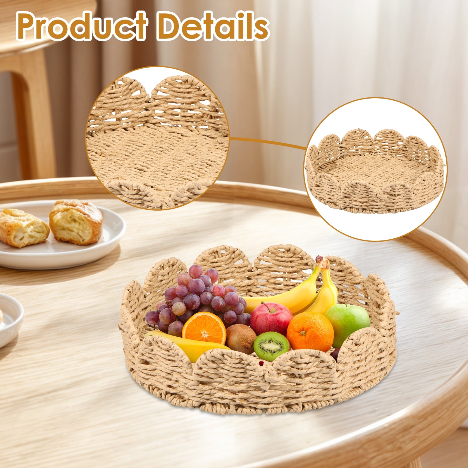 Keyohome Scalloped Basket,2Pcs Hand Woven Scalloped Tray,Decorative Paper Rope Braided Serving Tray,Storage Basket for Organizing and Decor