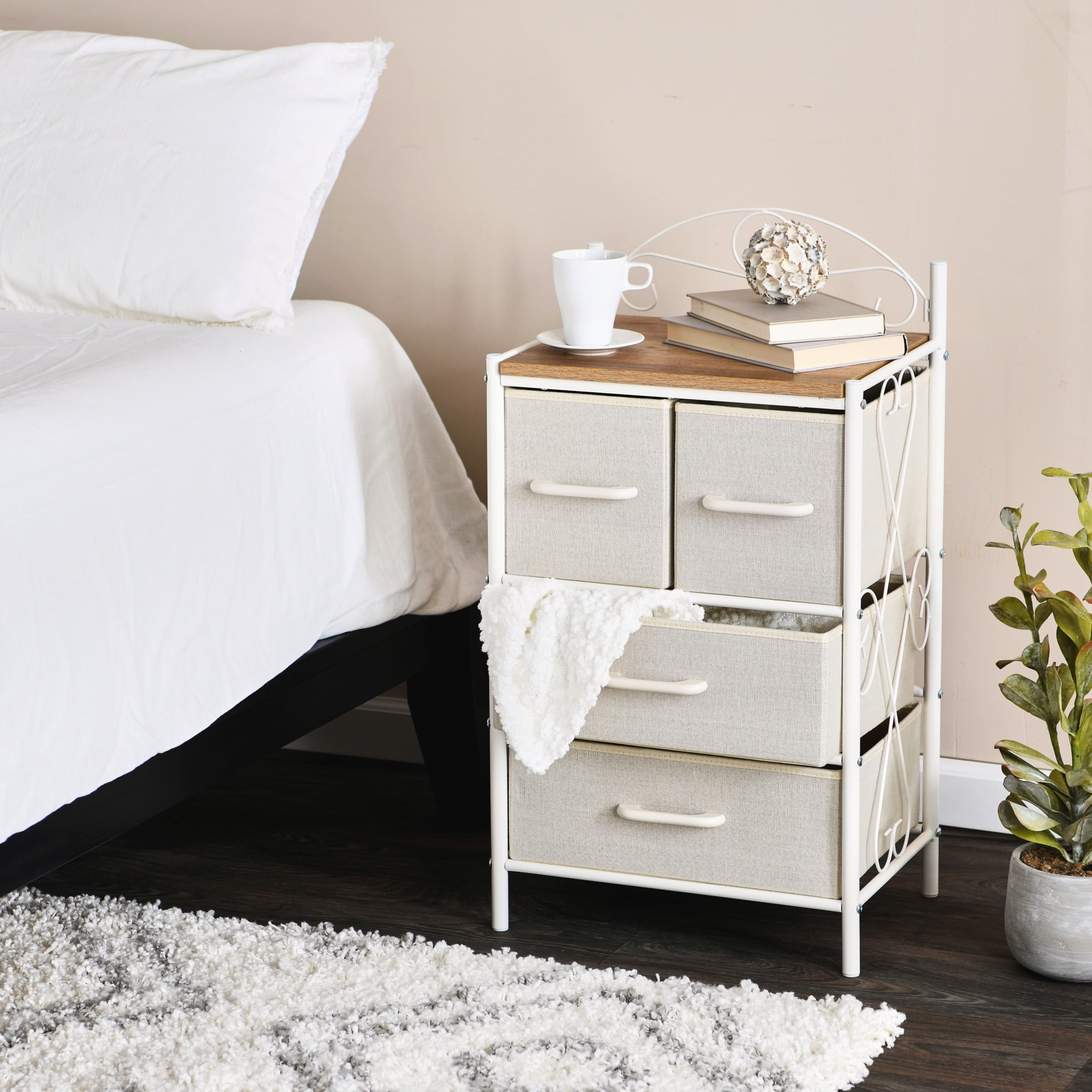Household Essentials Victoria Dresser Nightstand Storage Organizer with 4 Beige Drawers White Metal Frame and Coastal Oak Rustic Wood Grain Top