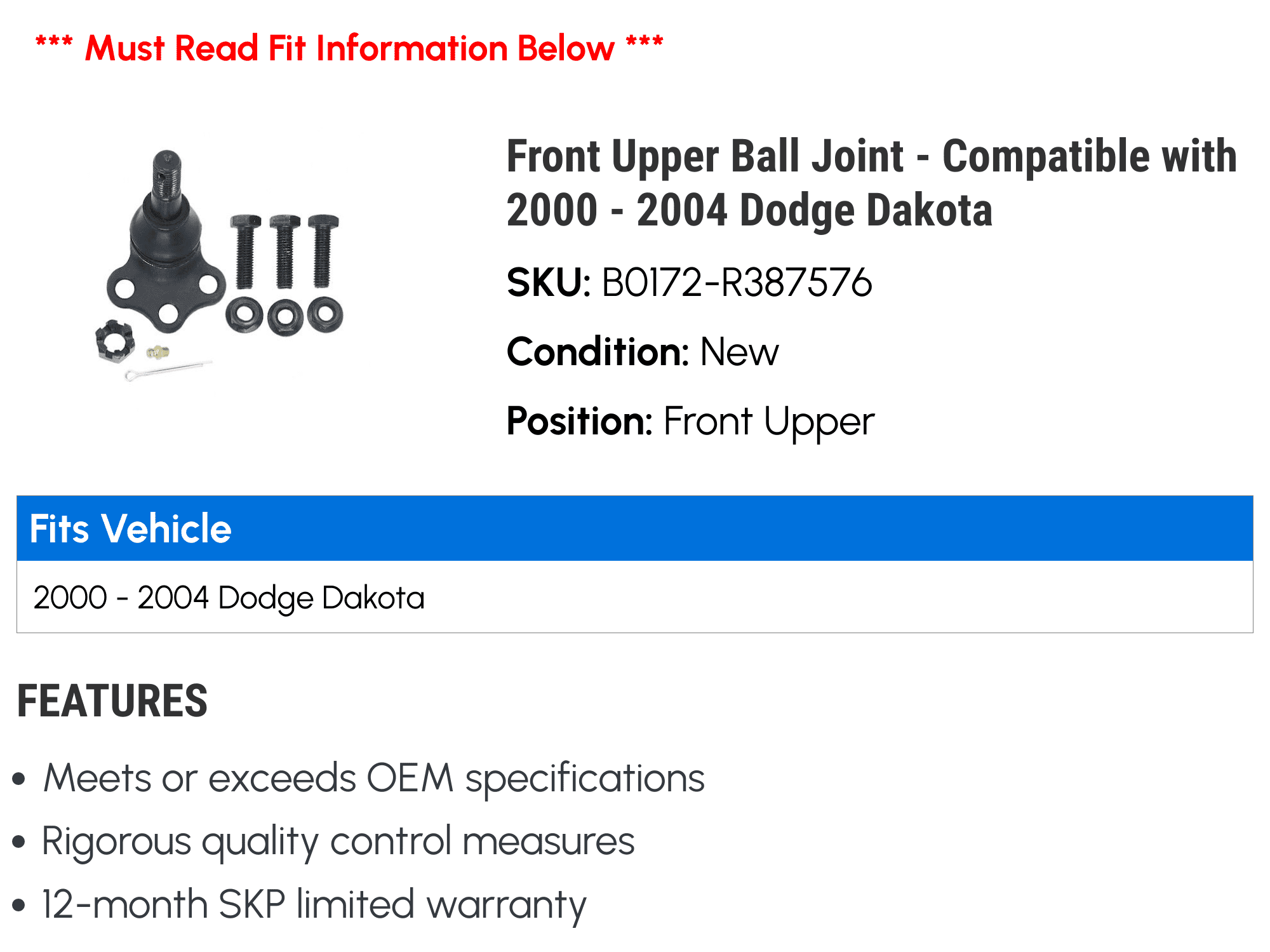 Front Upper Ball Joint - Compatible with 2000 - 2004 Dodge Dakota 2001 2002 2003