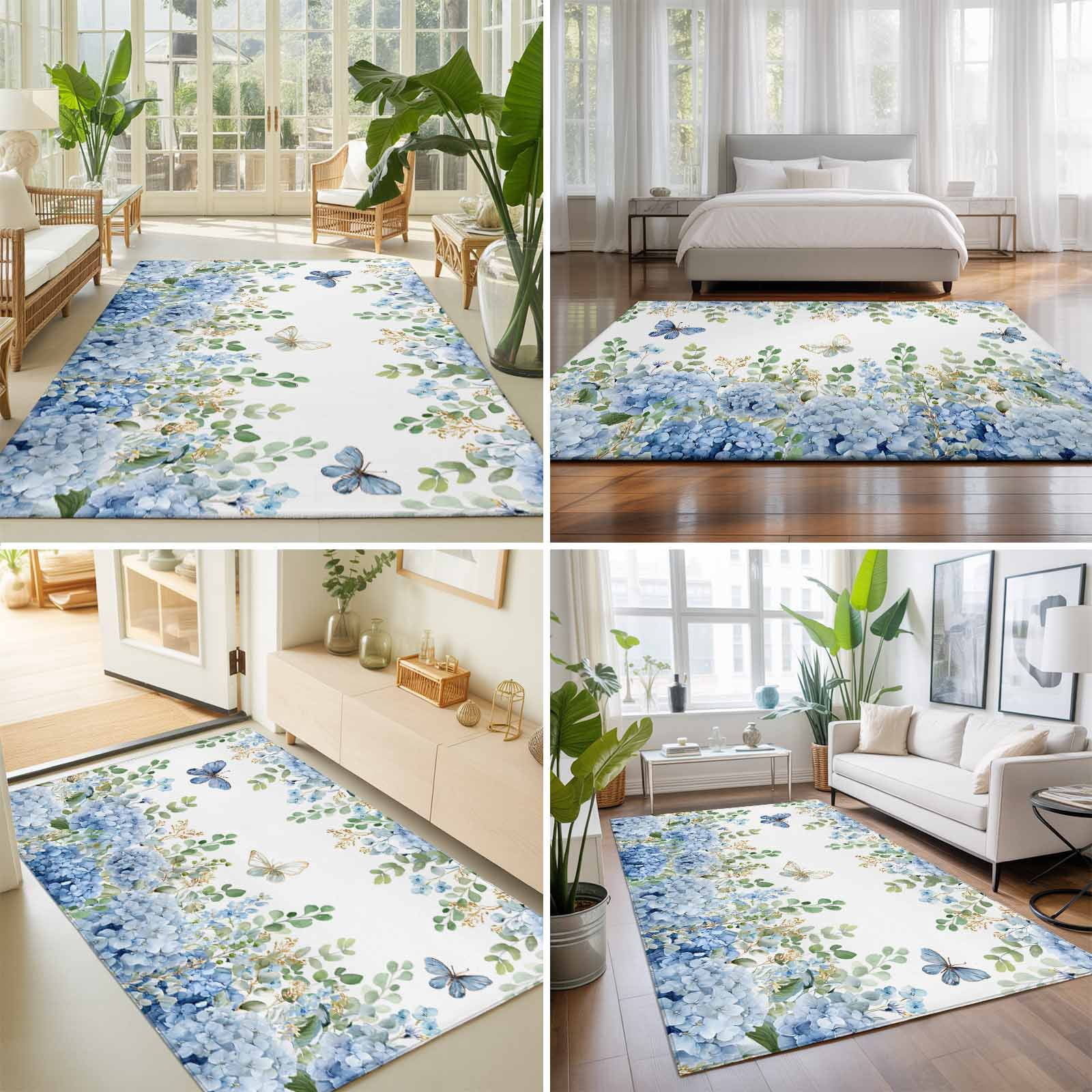 6x9 Area Rugs for Living Room, Blue Hydrangea Non Slip Area Rugs for Kitchen Bedroom Entryway, Spring Summer Eucalyptus Leaves Butterfly Washable Carpet Runner Rug Floor Mats for Bedroom Home Decor