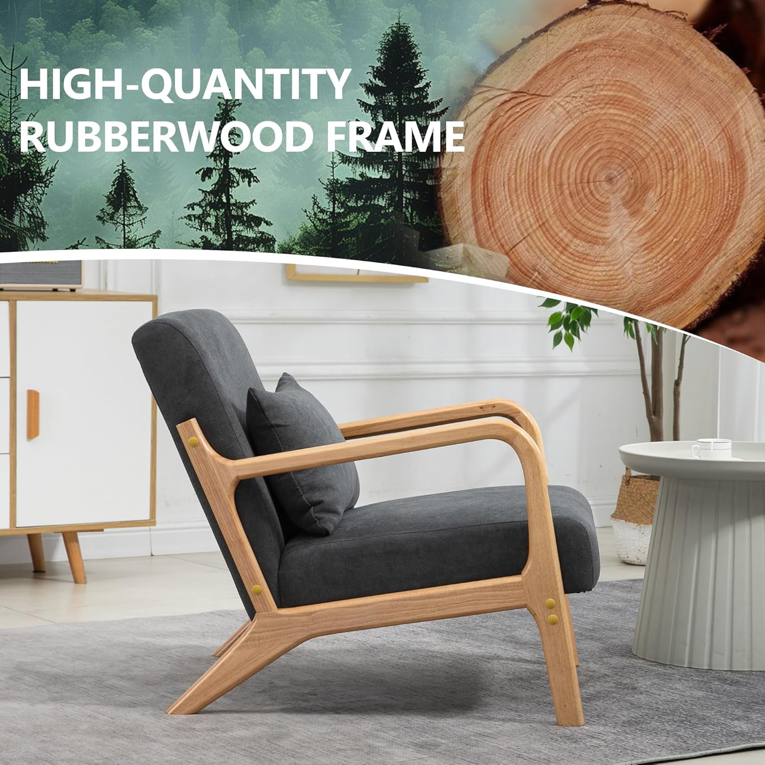 MOONMISS Mid-Century Modern Accent Chair, Velvet Fabric Arm Chair with Wood Frame and Pillow, Upholstered Armchair Comfort Reading Chair Lounge Chair for Living Room Bedroom Sunroom, Gray