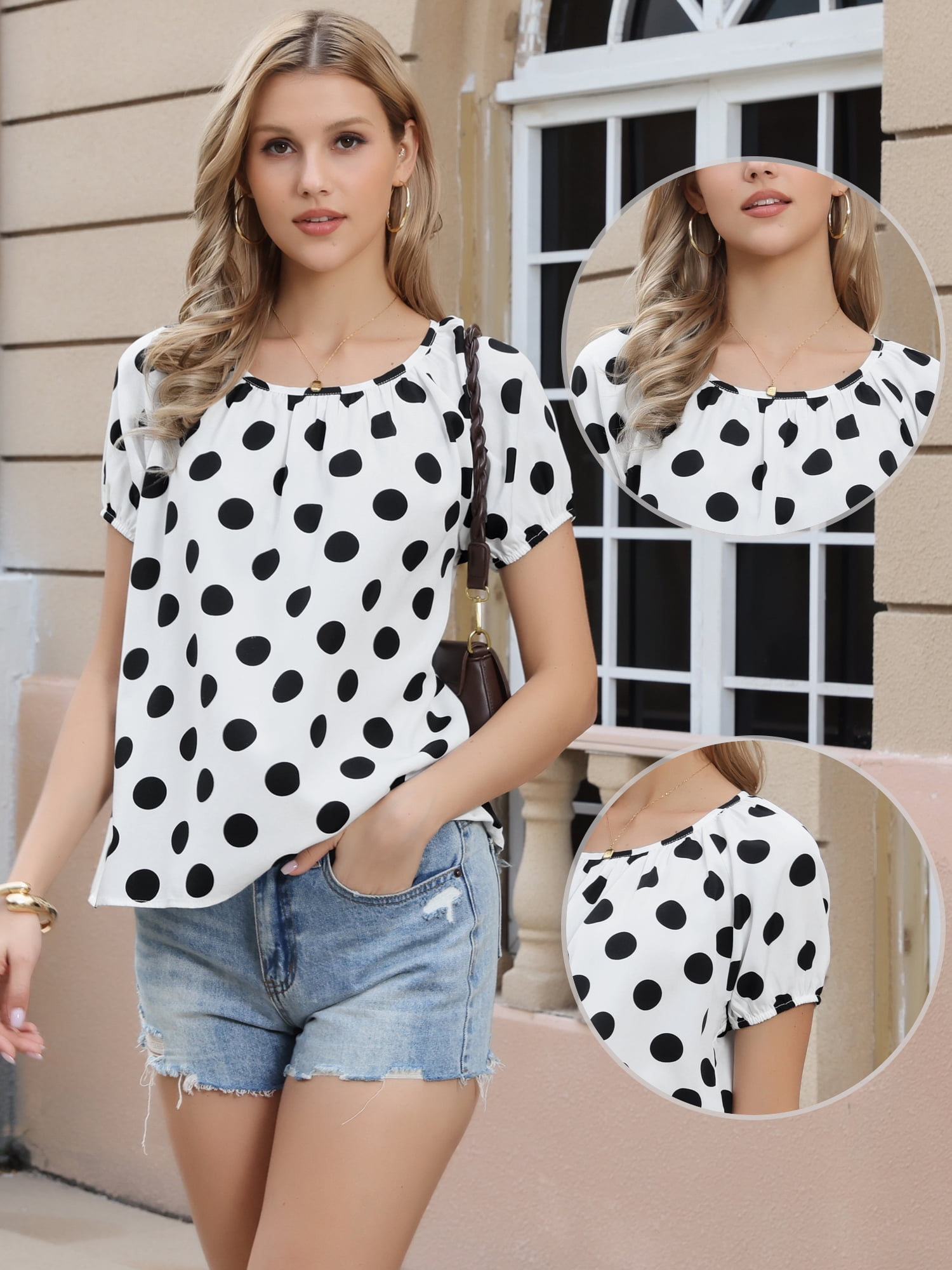 DARING DIVA Women's Polka Dot Top Vintage Short Sleeve Summer Casual Blouse XS White