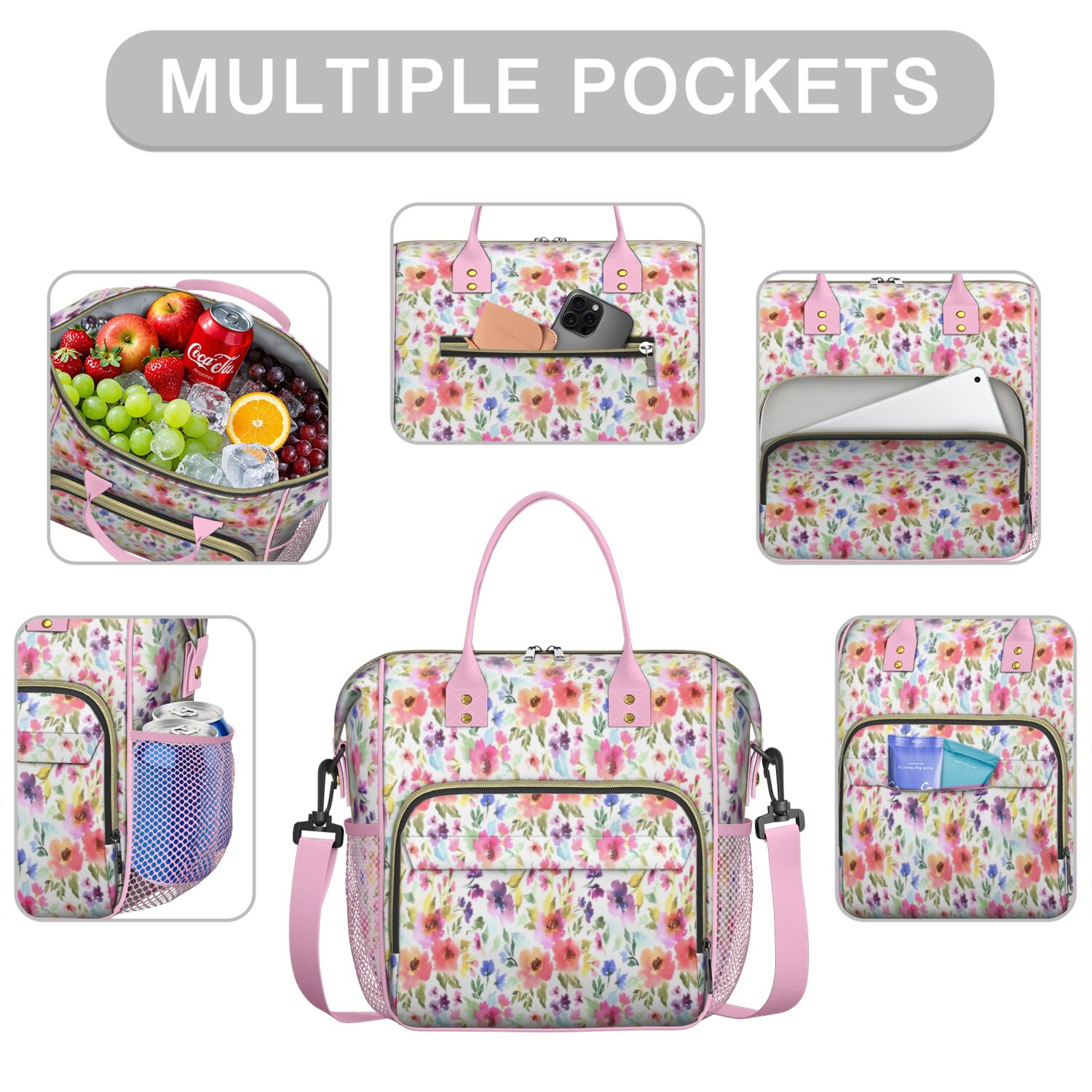 Pioneer Flower Floral Print Pattern Womens Lunch Box for Work,Insulated Large Lunch Bag for Tween and Teen,Loncheras Para Mujer,Leakproof Adult Lunch Bag for Work,Beach,Travel,Picnic,Camping