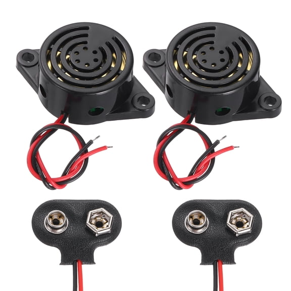Uxcell 2Pcs DC3-24V 100dB 3100Hz Electronic Piezo Buzzer Alarm Sounder Active Continuous Beep Sound with 9V t Type Battery Connector for Motorcycle Golf Car t Vehicles Car Alarm, Black