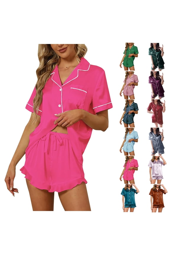 Womens Shorts & Top Pajamas Sets Button up Casual Homewear Pockets Soft Sleepwear 2 Pieces Pajamas for Women Holiday