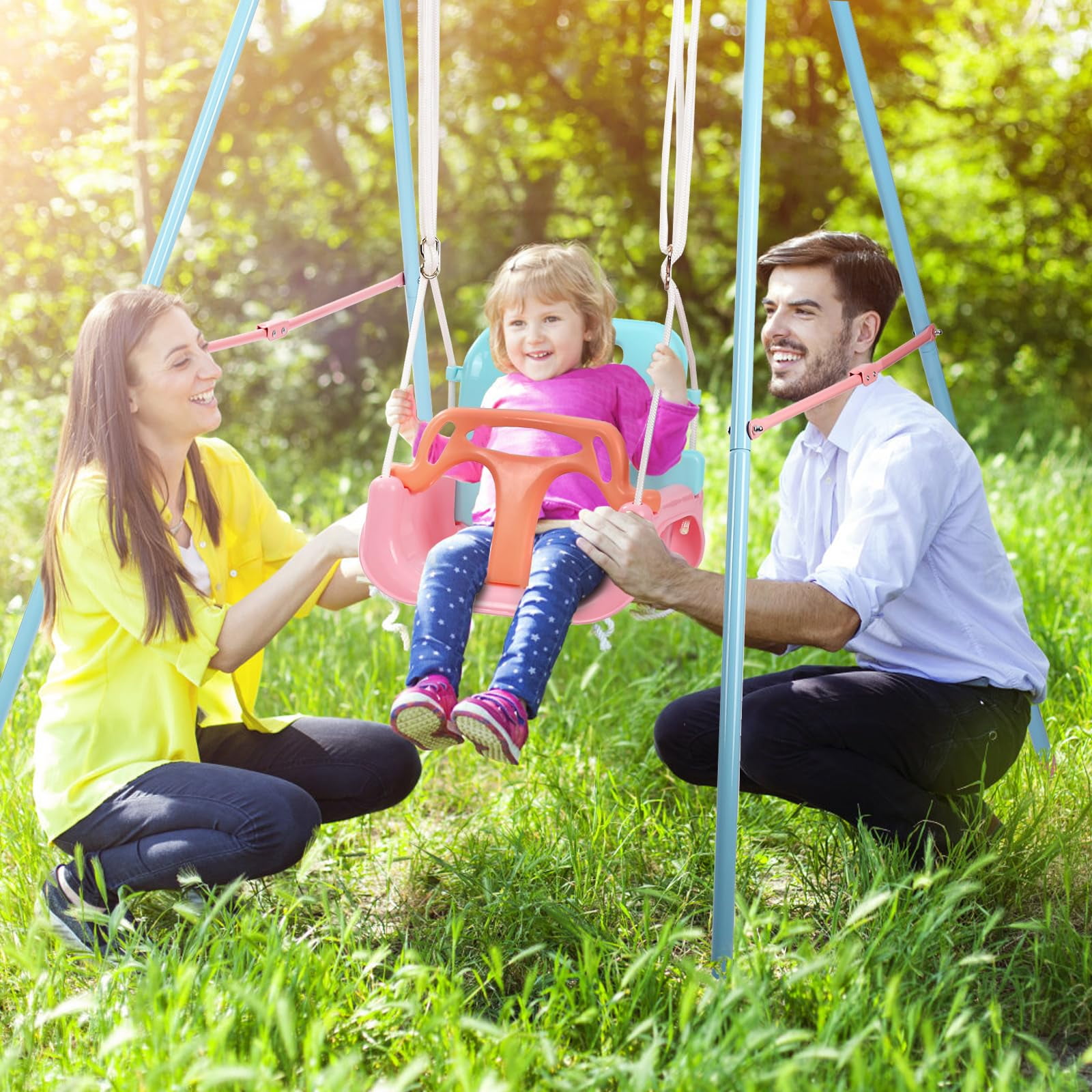 G TALECO GEAR 3-in-1 Toddler Swing Sets for Backyard, Comfy Baby Swing Outdoor Indoor, Kids Swing with Metal Stand, Pink