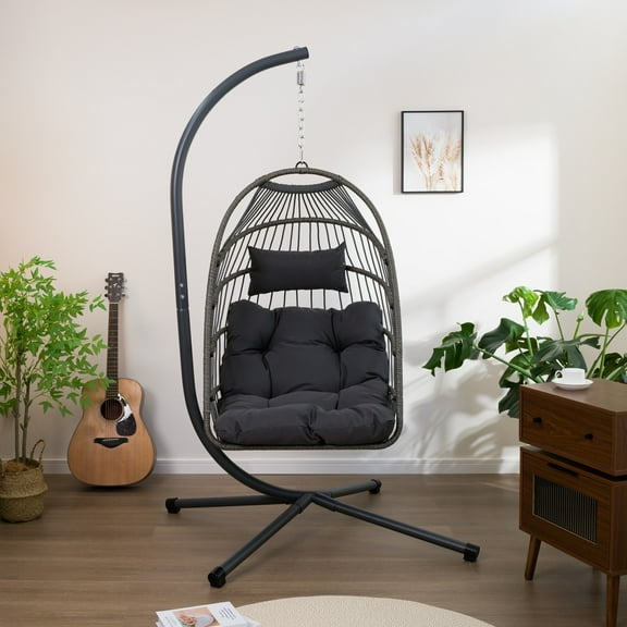 MIDODO Hanging Egg Chair with Stand, Foldable Indoor Outdoor Wicker Rattan Hanging Swing Chair Egg Basket Chairs for Outside Backyard Balcony
