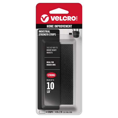 VELCRO Brand Industrial Strength Heavy Duty Fasteners, Holds 10 lbs, Stick-On Adhesive, Indoor or Outdoor Use, 90209, 4 Sets of 4"x2" Black Strips