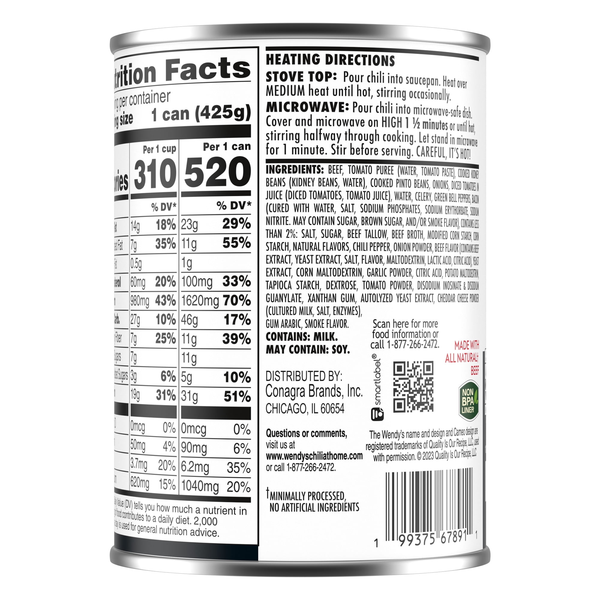 Wendy's Baconator Chili With Beans, Beef & Bacon, 31g Protein Per Can, Canned Chili, 15 oz.